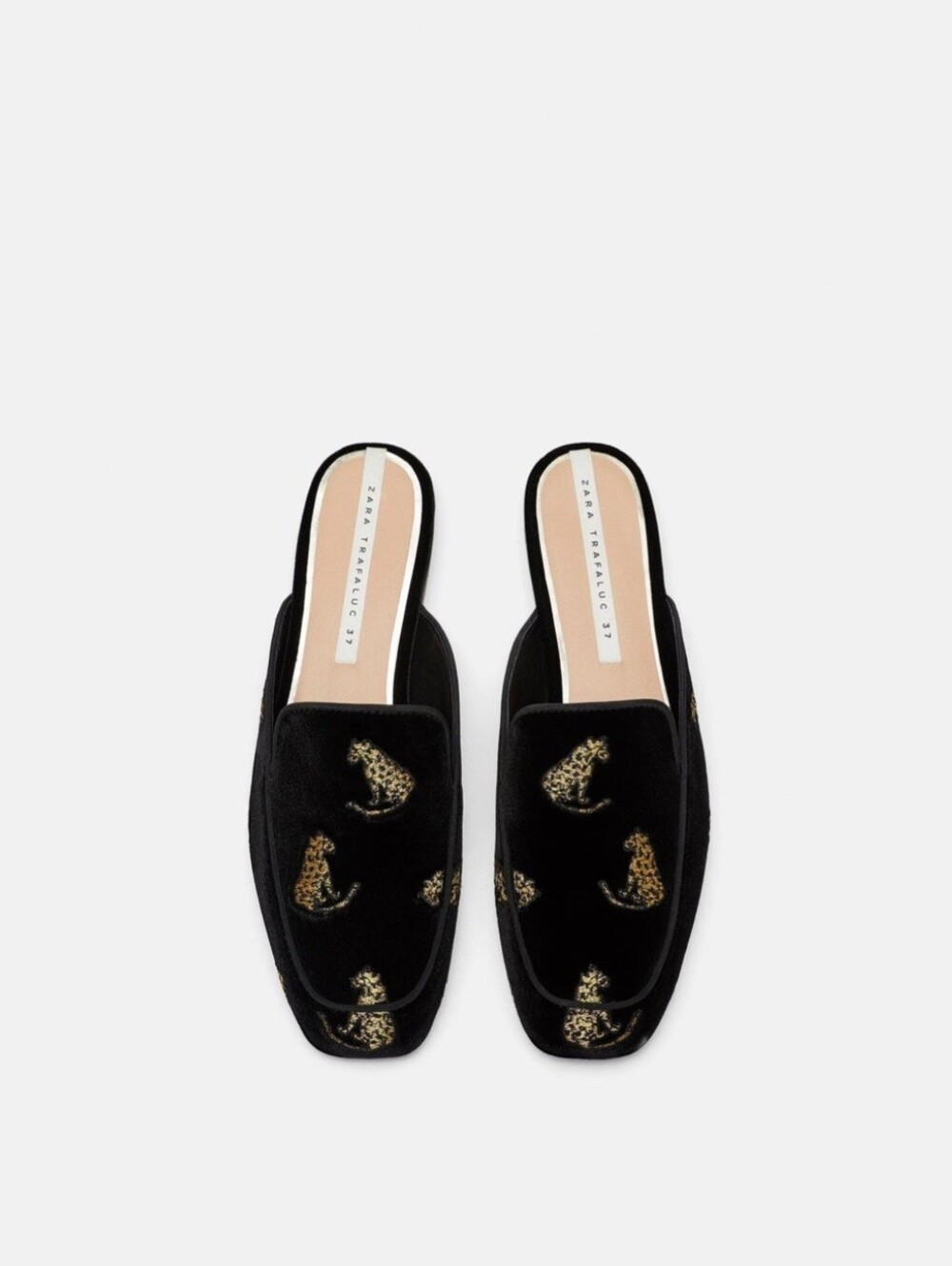 Zara Trafaluc Black Velvet Embroidered Gold Leopard Old Money Mules